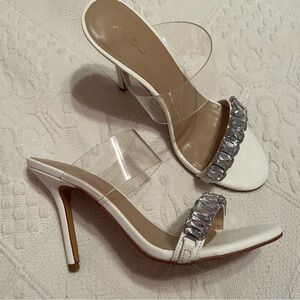 Aldo Lauren White and Silver Heeled Sandals Women’s Size 7